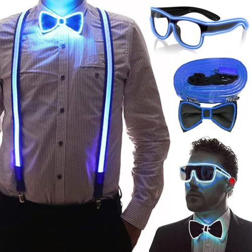 YeahBoom Leuchtende Herren-LED-Hosenträger und Fliege, LED-Leucht-Hosenträger, Verdrahtet Neon Rave Brille, für Musik Festival, Weihnachten, Neon-leuchtendes dunkle Party Supplies für Party deko