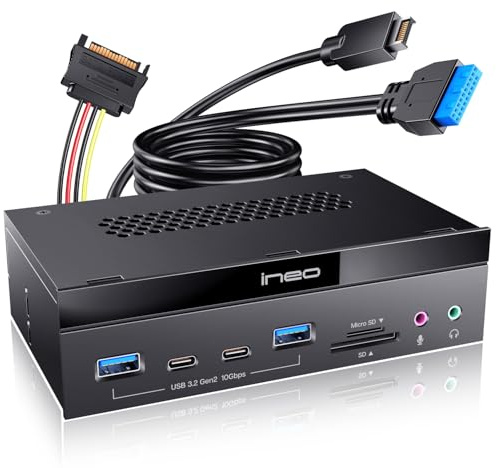 ineo Lector de tarjetas de panel frontal USB 3.2 de 10 Gbps de 5.25 pulgadas con puertos de audio, lector interno SD/microSD, USB 3.2 tipo E Key-A de 20 pines y cabezal USB 3.0, alimentación SATA de