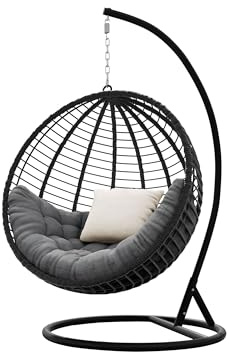 Mirjan24 Hängesessel mit Gestell und Kissen Amara, Hängestuhl mit Rückenkissen, Hängesitz, Hängekorb, Stahlskelett, Indoor & Outdoor (schwarz + dunkelgrau/Kissen: grau + beige)