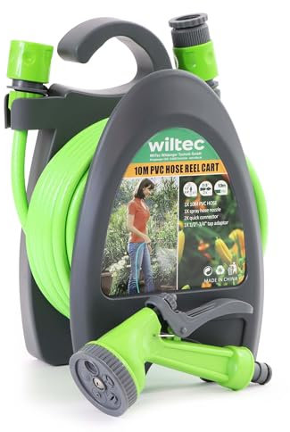 Wiltec Mini Dévidoir de tuyau PP Orange Tuyau 10 m en PVC 2 Connecteurs 3/8 Robinet 1/2 et 3/4 Buse réglable Enrouleur de tuyau Arrosage Jardin Accessoires Outillage Jardinage