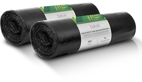 Bakoki Bolsas de basura de 380 l, extremadamente resistentes, extrafuertes, ideales para el hogar, el jardín y la empresa, 2 rollos de 10 unidades, bolsas de basura resistentes para renovación y