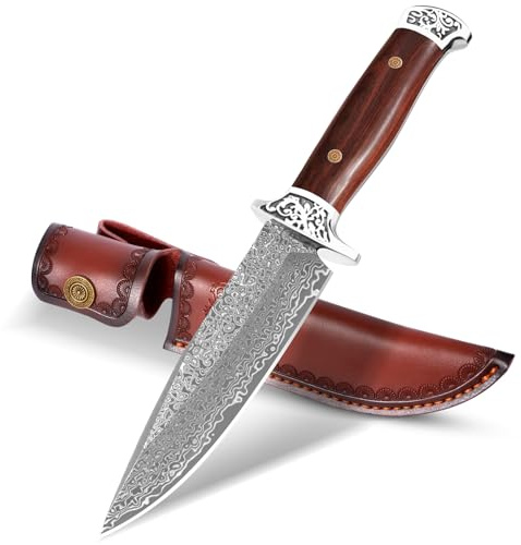 DRACHENADER Coltello da caccia H-Y a lama fissa, acciaio damasco, manico in legno, coltello da campeggio outdoor
