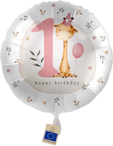 Süßer Folienballon 1. Geburtstag Mädchen – Happy Birthday Giraffe | Ballon Zahl 1 Rosa – Deko für Cake Smash, Babygeburtstag & erste Geburtstagsparty, 35 cm, Made in EU