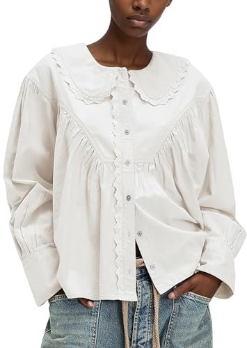 Ymejia Womens Peter Pan Collar Shirt Cotton Button Down Blouses Lace Trim Loose Fit Spring Casual Work Beach Long Sleeve Shirts White
