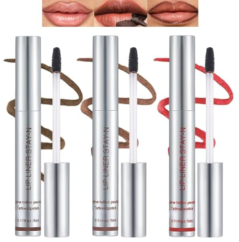 3-Piece Peel-Off Lip Stain and Liner Set in Dark Brown Red - Waterproof Smudgeproof Transferproof Quick-Drying Matte Tattoo Lipstick for Everyday Wear, Semi Permanent Long Lasting Lip Pencil