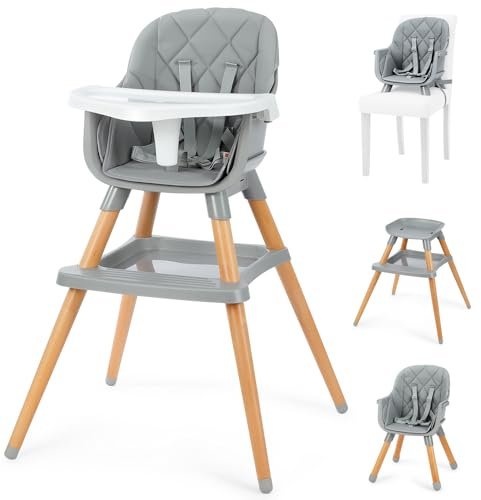 Ezebaby Hochstuhl baby 6 in 1 Sitzerhöhung Kinderstuhl Barhocker, Multfunktional Kinderhochstuhl, Beine aus Holz, mit 5-Punkt-Gurt, abnehmbare Tablett für Kinder ab 6 Monate (Grau mit Ablage)