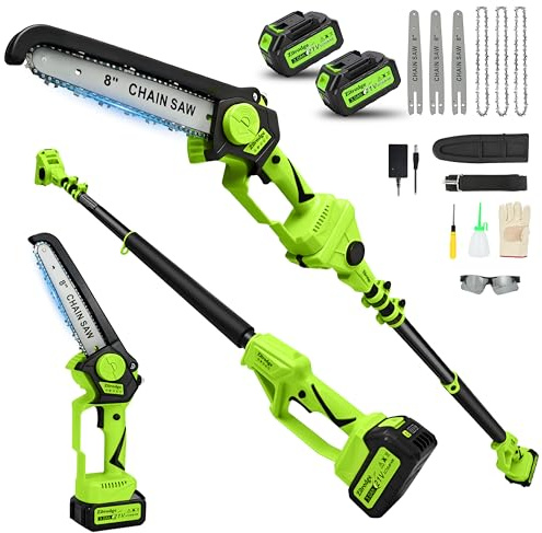 8“ Electric Pole Saws for Tree Trimming, 2-in-1 Pole Saw Cordless & Mini Chainsaw with Extension Pole, 15FT Max Reach Pole Saw Battery Powered, Tree Trimmer Limb Branch Cutter Pruner, 2×3.0Ah Battery