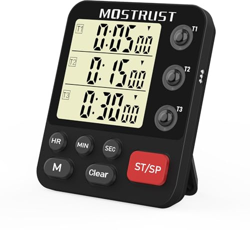 MOSTRUST Digitaler Dual-Küchentimer, 3 Kanäle, Dreifach-Countdown-Timer zum Kochen, magnetischer Speicher-Preset, großes Display, einstellbare Lautstärke, Multi-Zeit-Management, 3-A-Batterie im