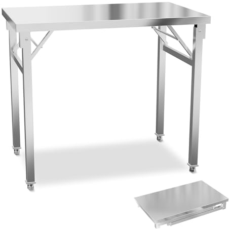 LZQ Tavolo da lavoro in acciaio inox, 70 x 120 x 85 cm, pieghevole, in acciaio inox, con telaio stabile, in metallo, per cucina, bar, ristorante