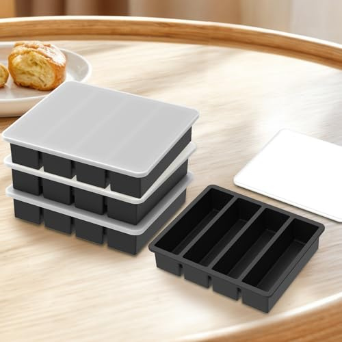 4Pcs Large Silicone Freezing Tray with Lid, 17.5x14.5x3.7cm Food Freezer Trays, Soup Freezer Containers, Large Ice Cube Tray for Soup Sauce Meal Prep (Black)