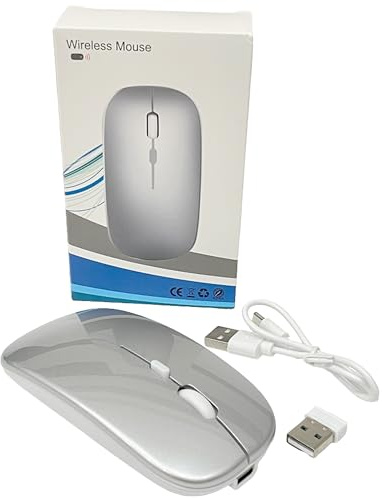 Ratón ​Inalámbrico Recargable con Mini Receptor USB 2.4GHz Mouse Óptico para portátil, Laptop, Notebook Silencioso, 3 Niveles dpi, Ergonómico Wifi y Bluetooth Incluye Cable USB a tipo C CH013_Plata