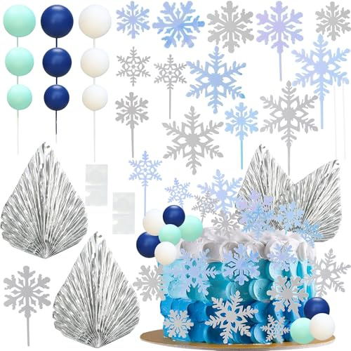 Gyufise Winter Frozen Cake Topper Decorations Balloon Silver Palm Fan Snowflake Cake Picks for Winter Baby Shower Wedding Birthday Christmas Party DIY Supplies Blue White