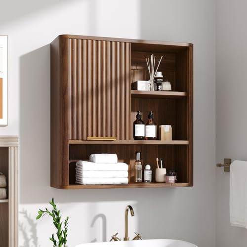 Warmiehomy Bathroom Wall Cabinet with Movable Waving Pattern Door,Bathroom Cabinet Storage with Adjustable Shelf Wooden Medicine Cabinet Cupboard Over Toilet Storage Unit(Walnut,60X20X60CM)