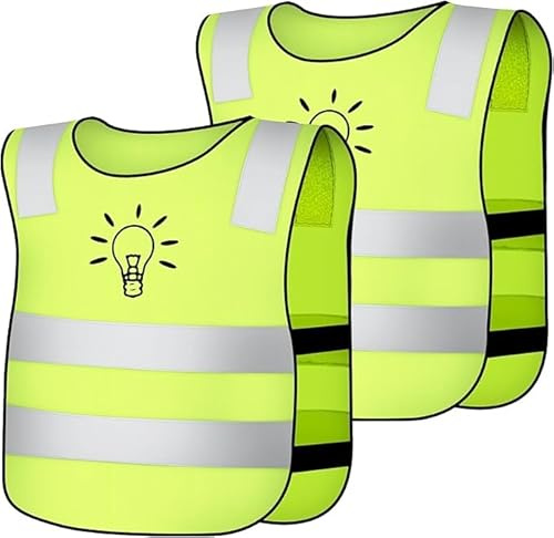 AYBUY 2-pack varselvästar för barn, bilsäkerhetsvästar, reflexjacka för barn, bilsäkerhetsvästar med 360° reflexremsor, säkerhetsvästar för barn för skola, sport och löpning (glödlampsmönster)