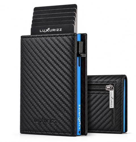 Luxurizz Smart Wallet mit RFID Schutz - Aluminium Slim Wallet Kartenetui Carbon-Blau für 12 Karten - minimalistisches Portemonnaie mit Münzfach & Carbon Optik - dünne Geldbörse für Herren & Damen