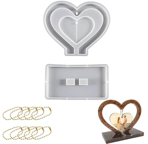 XXL Silikonformen Herz Set für Raysin Formen Gießformen – Große Silikonform Herz mit 10 Goldenen Ketten für Fotorahmen, Hochzeitsdeko Geschenke – Wiederverwendbare Resin Formen