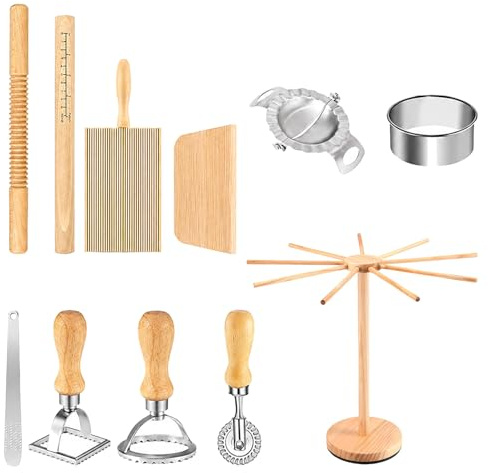 11 PCS Pasta Making Tool Set, Wood Pasta Making Kit with Drying Rack, Gnocchi Board, Plain and Grooved Rolling Pins, Square and Round Ravioli Moulds, Cutter Wheel, Dumpling Press, Marker