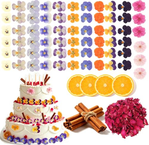 Fleurs comestibles séchées – 56 Fleurs (Pensées Pansy & Sakura) + 13g pétales de Rose + tranches d’Orange & bâtons de Cannelle | Idéal pour Cocktails,décoration de gâteaux,Bougies parfumées et DIY