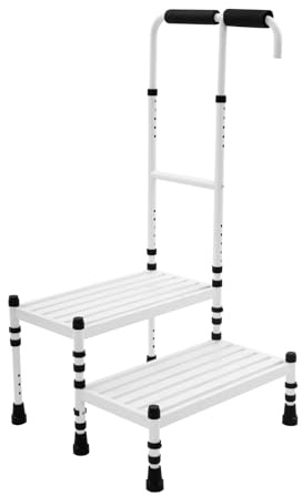 iezruiuo stege, stegstege med ledstång, stegpall 2 steg | Stål hushållsstege, höjdjusterbara ledstänger, gummifötter, 53,5 x 57 x 91 – 108 cm, vit