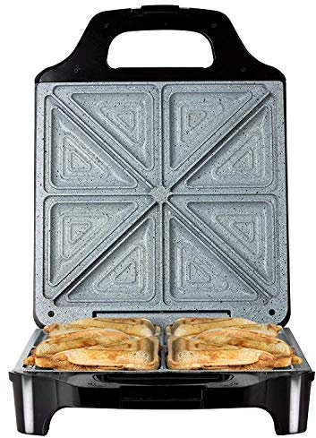 Tower T27021 4 Slice Deep Fill Sandwich Maker with Extra-Deep, Non-Stick Ceramic Coated Plates, Automatic Temperature Control, 1600W, Black