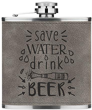 Save Water Drink Beer 6oz Cuir PU Hip Flasque Gris Luxe