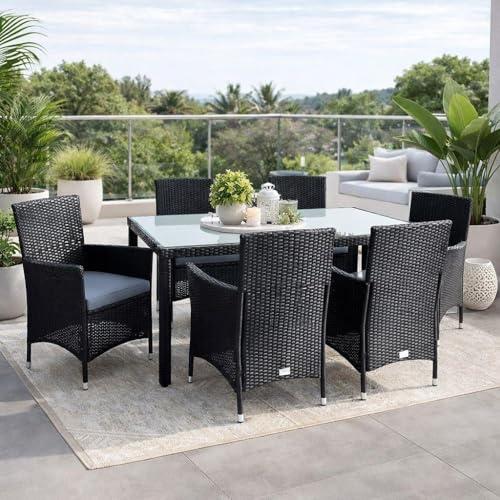 ESTEXO Polyrattan Sitzgruppe Gartenmöbel Set 6 Personen Rattanmöbel Gartenset Rattan Essgruppe Gartentisch Gartenstuhl Set (Schwarz)