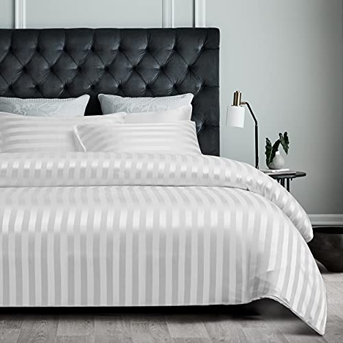 Damier Sängkläder 135 x 200 cm vit satin glänsande randigt påslakan set enfärgad sidenlen slät lyx sängkläder med dold dragkedja och 1 örngott 80 × 80 cm