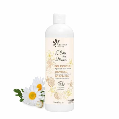 Fleurance Nature- Gel Douche Bio parfumé à l'Eau des déclices Agrumes et Fleurs Blanches- 500ml - Certifié Bio Cosmos Ecocert Soin corporel Bio femme & homme- Gel Douche sans SLS- sans Parabens- 23133