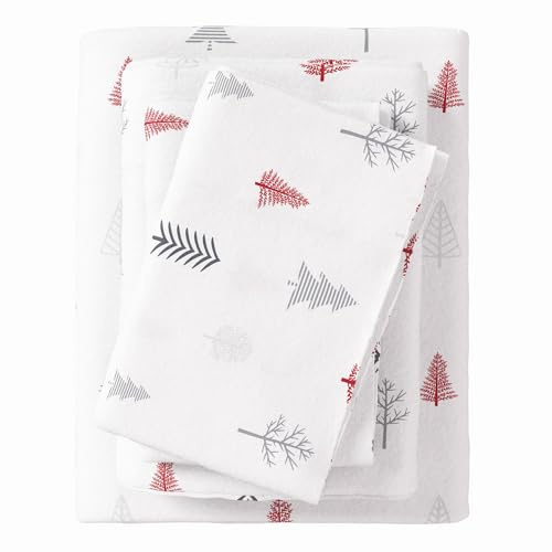Great Bay Home 4 Piece 100% Turkish Cotton Queen Holiday Flannel Sheet Set | Cotton Christmas Bedding Sheets & Pillowcases | Warm, Double-Brushed Bed Sheets (Queen, Winter Trees - Red)