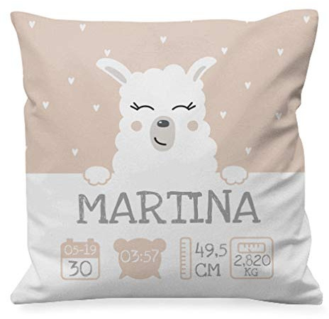NANNUK - Cojín Nacimiento personalizado llama para recién nacidos, se personaliza con nombre, hora, fecha, peso y medida del bebé.