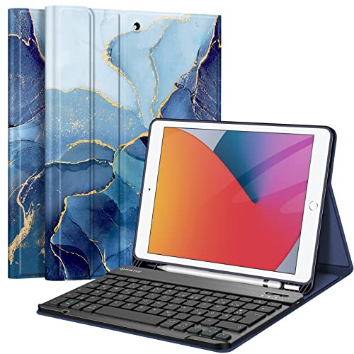 FINTIE Tastatur Hülle für iPad 10.2 Zoll (9/8/7 Generation, 2021/2020/2019) | Schutzhülle mit TPU Rückschale, Pencil Halter und magnetisch Abnehmbarer Tastatur mit QWERTZ Layout, Ozean Marmor