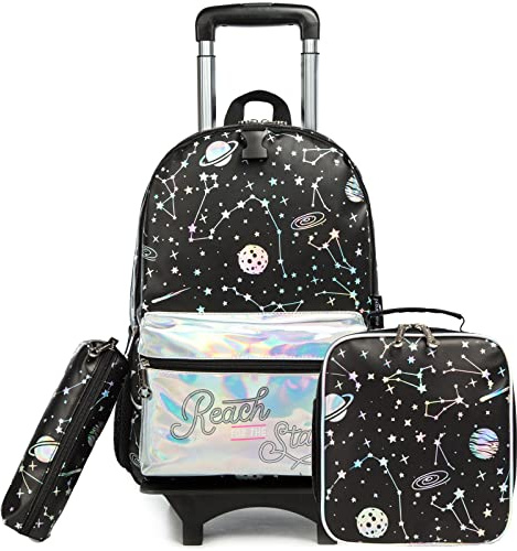 Egchescebo Sac à Dos Roulette Pour Enfant Fille D'école Amovible Espace en Cuir en Scolaires Cartables et Trousses Capacité avec Cartable Ecole Primaire Chariot de Voyage Valise 17 3PCS Noir