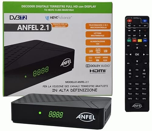 Decoder DVB-T2 HD T265 Ricevitore Digitale Terrestre Full HD DVBT2 H265 HEVC 10 Bit, FTA, USB, HDMI, SCART, Supporto USB funzione media player, Telecomando Universale 2 in 1, Main 10 funzione CEC HD