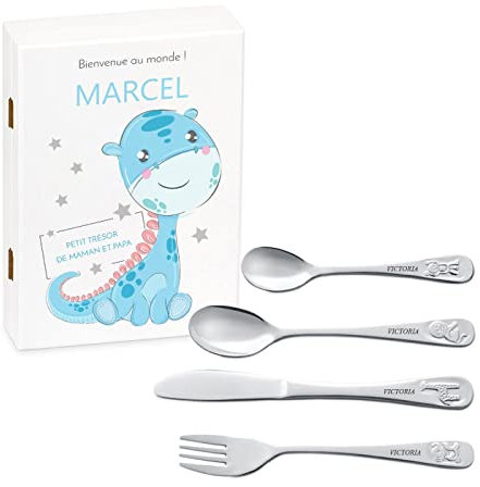 Maverton Set de couverts personnalisé pour garçon - Coutellerie dans coffret imprimé - Couverts Thème Animal - Cadeau d'anniversaire - Cadeaux bébé - Couverts gravés - DINOSAURE