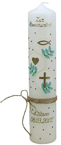 Christ-Kerzen Kommunionkerze Liliana mit Kreuz, Taube, Kelch und Fische/Wellen 1356, Größe:ca. 30x7 cm