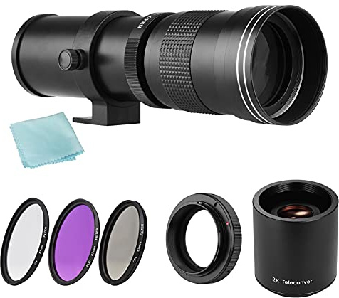 Andoer - Cámara MF Super Teleobjetivo Zoom F/8.3-16 420-800mm T Mount + Juego de filtros UV/CPL/FLD + 2X teleconvertidor 420-800mm + anillo adaptador T2-EOS de repuesto