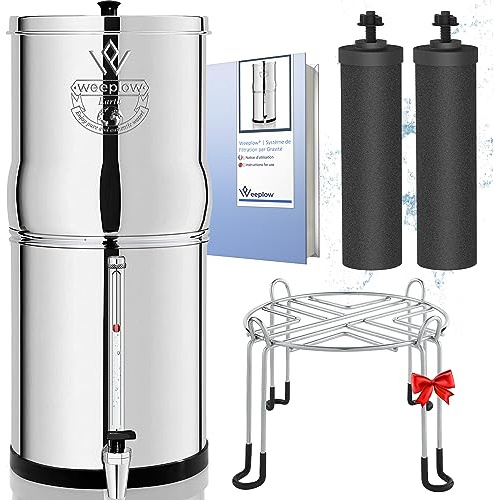 Weeplow® Earth – Schwerkraft-Wasserfiltrationssystem 8,5 Liter AISI 304 mit 2 O'Pure 2 Reinigungselementen, Wasserhahn mit Wasserwaage und kostenloser Edelstahlhalterung