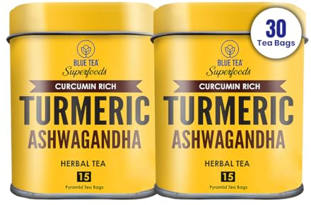 BLUE TEA - Turmeric Tea - Turmeric and Ashwagandha | 15 Biodegradable Tea Bag - Plant Based (Pack of 2) | INDIAN SUPERFOOD | Curcumin Rich | Caffeine-Free | Tin Packaging
