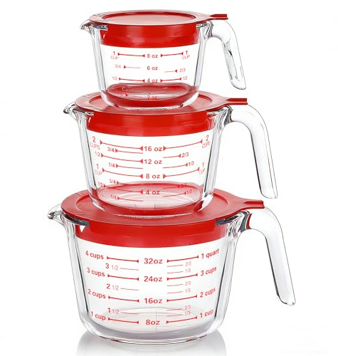 M MCIRCO 6 Pcs Glass Measuring Cups with Lids Set, 1-Cup, 2-Cup, 4-Cup Measuring Jugs with Handle, Nesting Liquid Measuring Cups for Kitchen
