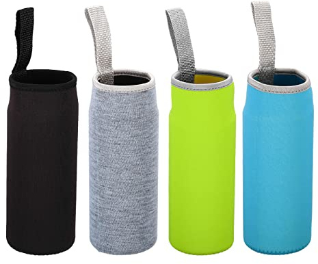PATIKIL 4 Stück Tasche für Trinkflasche 500ml Schwarz Grün Blau Grau | Trinkflasche Tasche Hülle, Neopren, Mit Schlüsselband, Für Wandern Laufen Spazieren