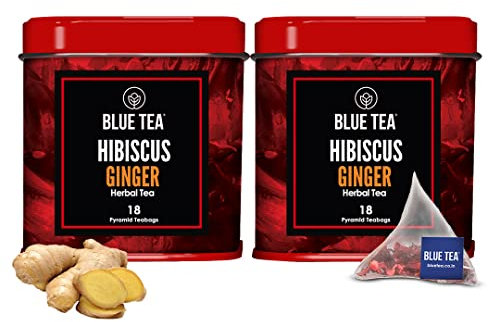 BLUE TEA - Hibiscus Ginger Herbal Tea - 36 Biodegradable Tea Bags (Pack Of 2) | SKIN GLOW ENHANCING TEA | Caffeine-Free | Detox - Soothing Tea | Vegan - Gluten Free | Tin Packing(18X2)