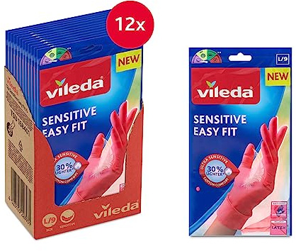 Vileda Sensitive Easy Fit, Taille L, 12 paires de gants ménagers en nitrile, sans latex ni poussière, sensibilité maximale et confort, faciles à porter, rose - Grande taille