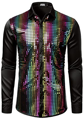 JOGAL Herren Pailletten Hemd 70er Langarm Disco Party Kostüm | Pailletten, Glitzer, Langarm, Regular Fit, Disco-Look Hemd, 70er Retro, für Disco-Party, Nachtklub, Bühne, Karneval
