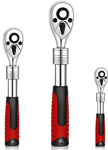 Gisafai 3 Pieces Extendable Ratchet Set 1/4 3/8 1/2 Inch Drive Retractable Socket Wrench 72 Tooth Quick Release Reversible Gear Torque Spanner Ratchet Wrenches Set with Soft Grip Handle