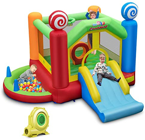 RELAX4LIFE Castello Gonfiabile per Bambini con Soffiatore 680W, Tema Caramelle, Parco Gonfiabile con Scivolo da Esterno, 50 Palline, Piscine e Trampoline, 385 x 355 x 245 cm