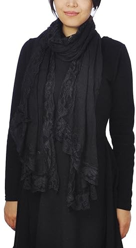Basic Sense Grand châle en coton avec bordure en dentelle délicate, écharpe surdimensionnée, légère et polyvalente, Noir , taille unique