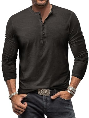 YawYews Långärmad herrtoppar Henley t-shirt för män bomull vardaglig morfar vintage t-shirts t-shirt med knappar M-3XL, Mörkgrått, XL