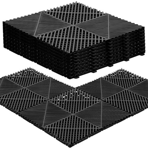 Barydat 24 Pcs Modular Interlocking Cushion DIY Garage Drainage Mat Pool Garage Flooring Tiles Polypropylene Pool Drain Non Slip Tiles Bulk for Garage Outdoor Indoor Pool Shower Flooring(Black)
