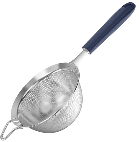 U-Taste finmaskig sil: Kökssil av 18/8-rostfritt stål, medelstor metallsil med nitade, robust silikonhandtag för siktning av mjöl, dropp av te, ris, Quinoa (Midnattsblå, 12 cm)