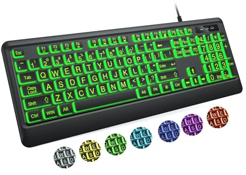 KOPJIPPOM Large Print Keyboard - 7 Interchangeable Backlight Colors, Light Up USB Wired Computer Keyboards, USB Plug-and-Play, Foldable Stands, Corded Full Size Keyboard for Windows, PC, Laptop